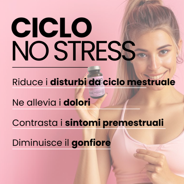 benefici integratore ciclo no stress: riduce i disturbi del ciclo mestruale, allevia i dolori, contrasta i sintomi premestruali, diminuisce il gonfiore